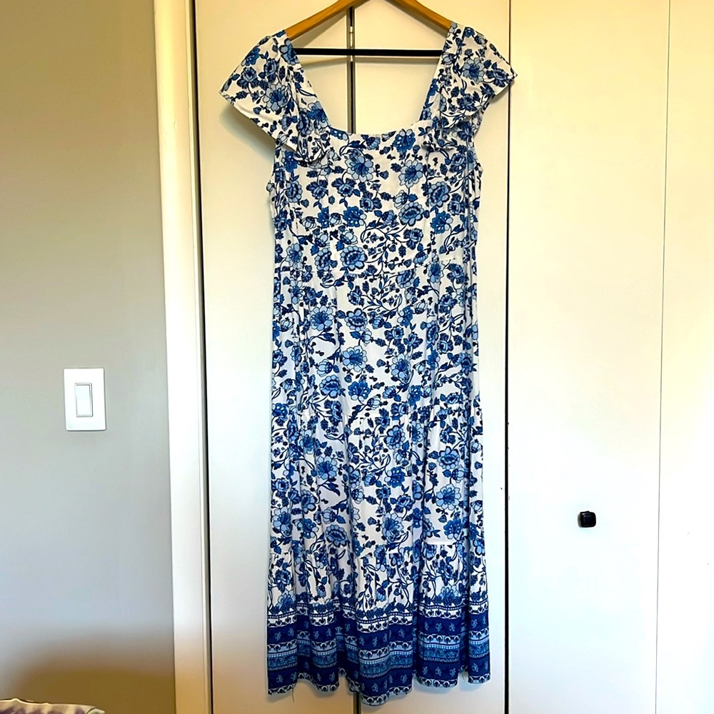 White and blue maxi dress with flutter short sleeves
